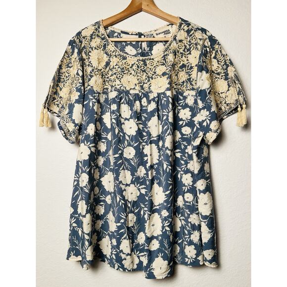 Savanna Jane 2X Embroidered Boho Peasant Top Blue Floral Tassel Sleeve Tunic - Picture 10 of 13